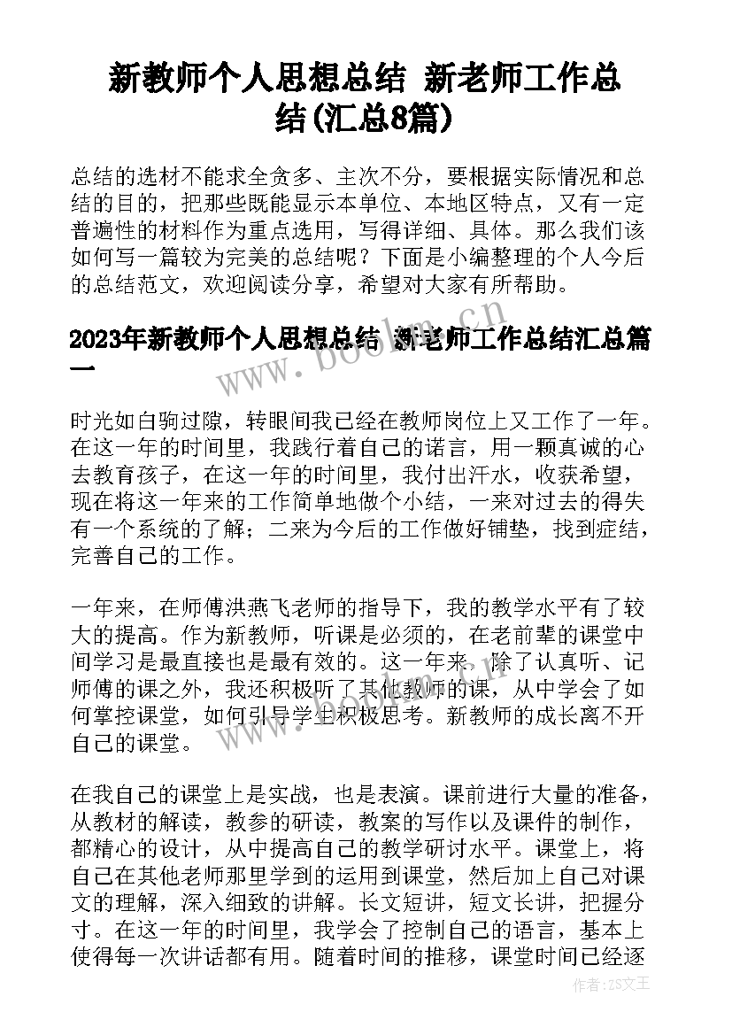 新教师个人思想总结 新老师工作总结(汇总8篇)