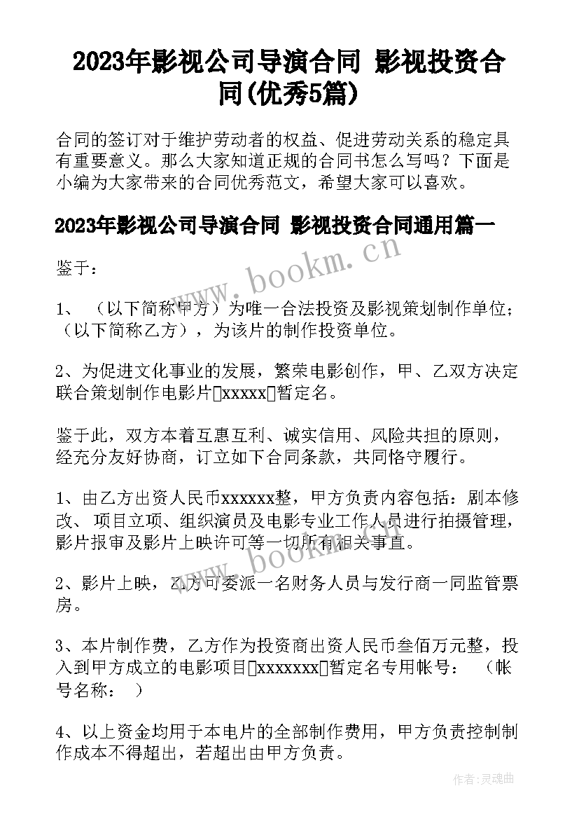 2023年影视公司导演合同 影视投资合同(优秀5篇)