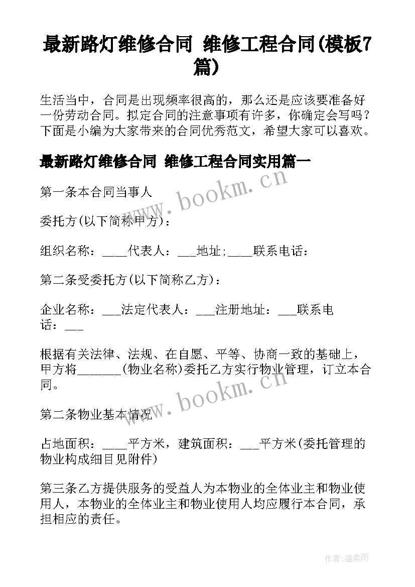 最新路灯维修合同 维修工程合同(模板7篇)