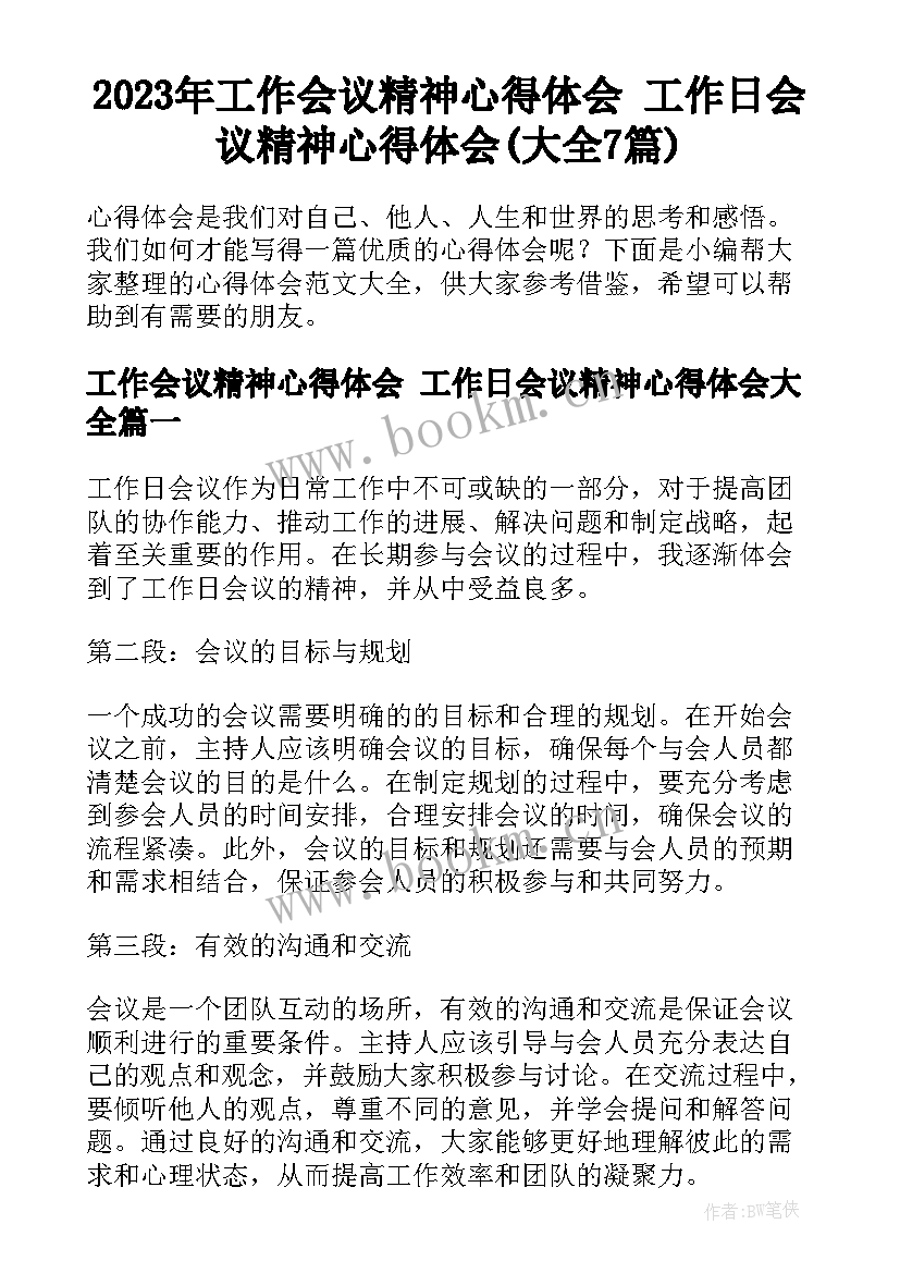 2023年工作会议精神心得体会 工作日会议精神心得体会(大全7篇)