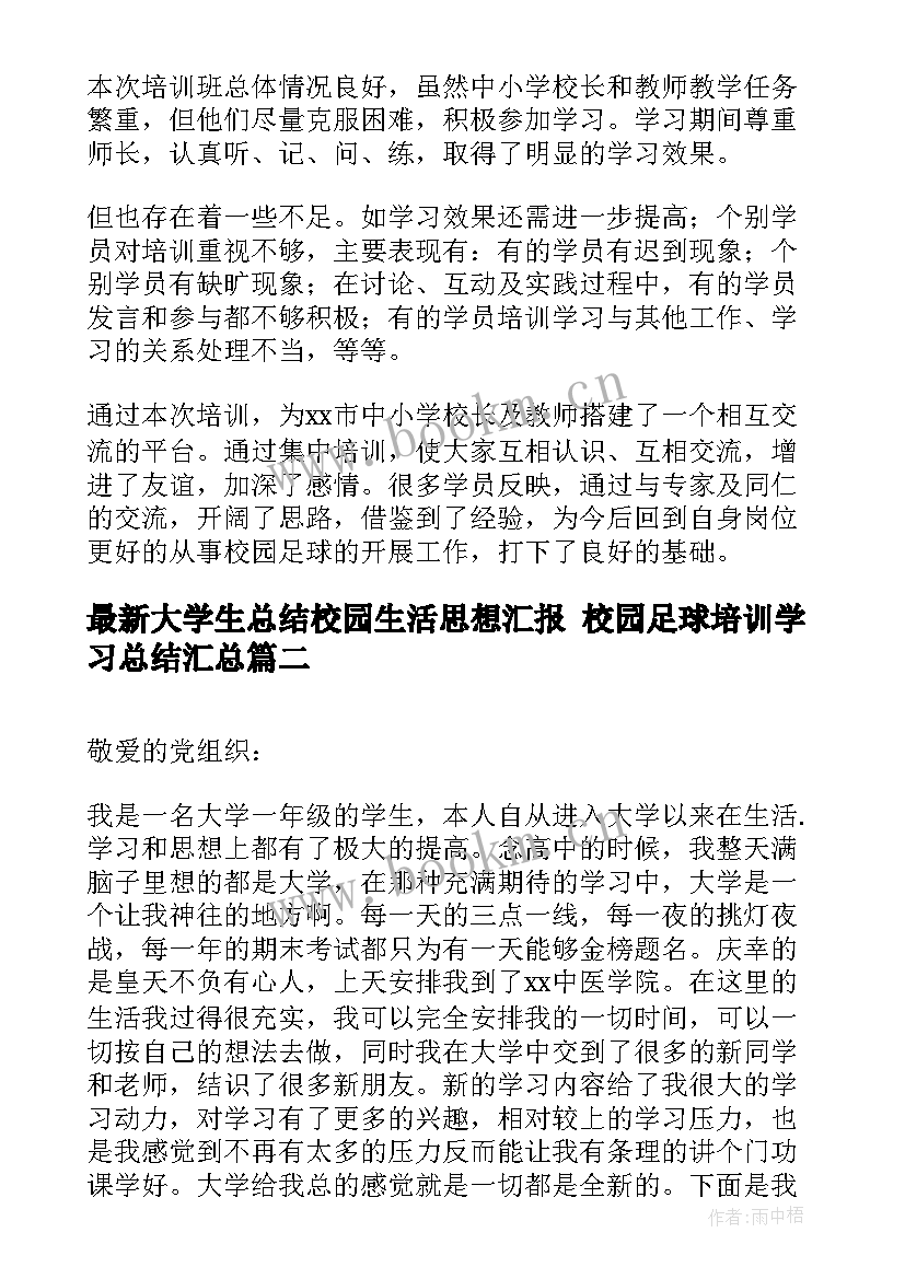 最新大学生总结校园生活思想汇报 校园足球培训学习总结(模板7篇)