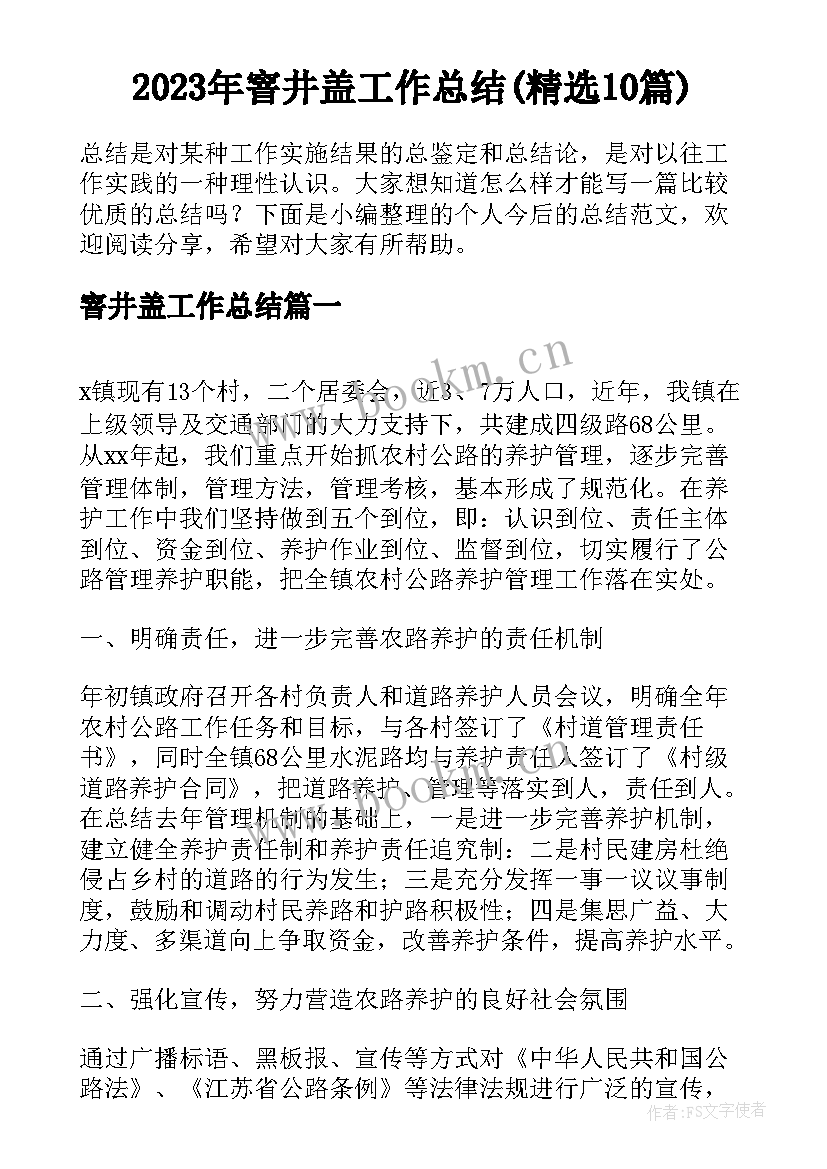 2023年窨井盖工作总结(精选10篇)