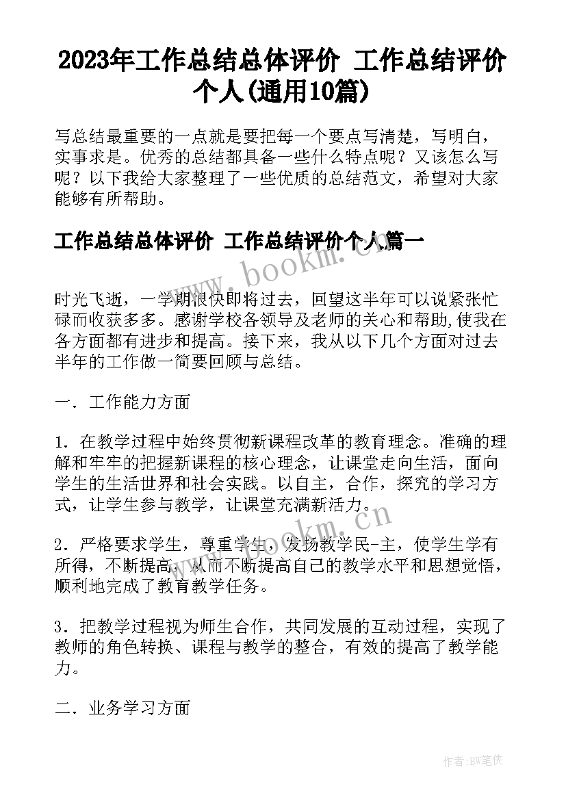 2023年工作总结总体评价 工作总结评价个人(通用10篇)