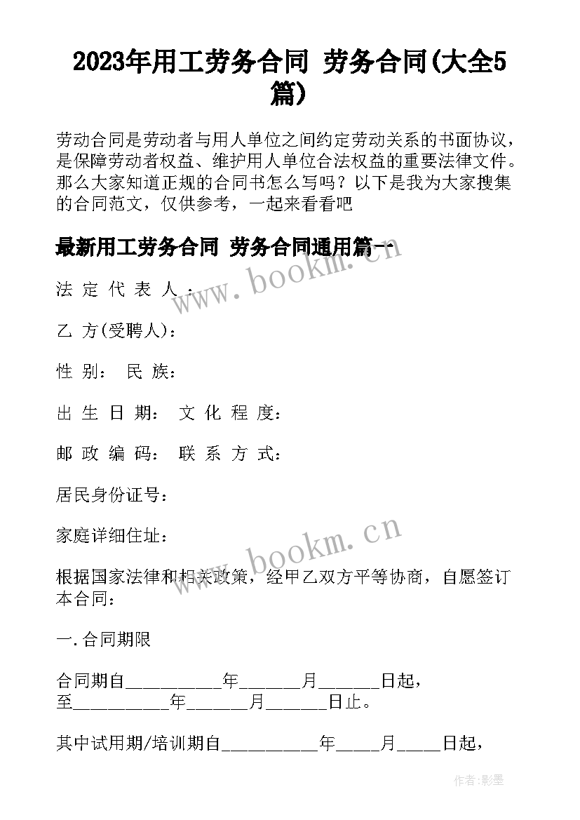 2023年用工劳务合同 劳务合同(大全5篇)