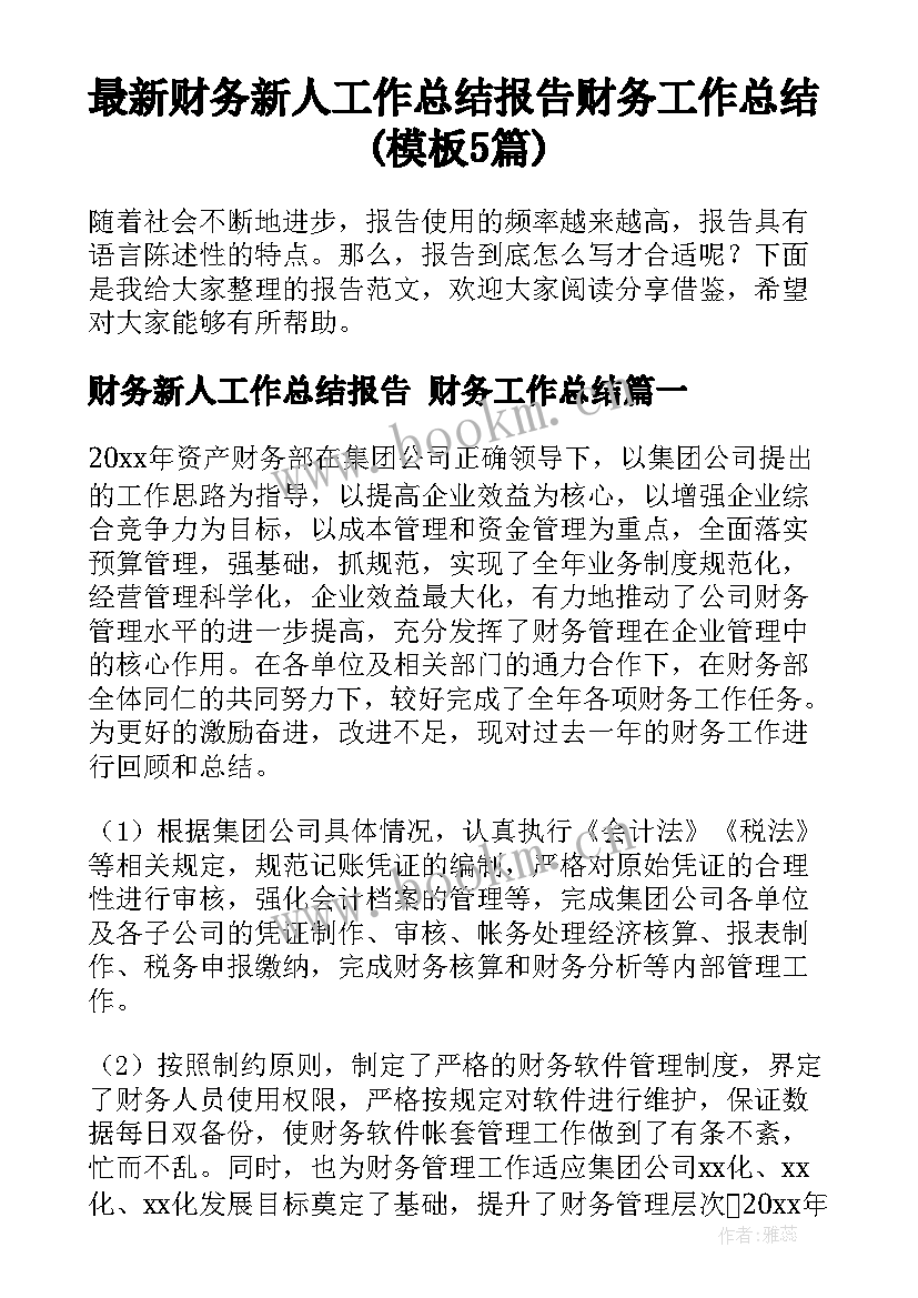 最新财务新人工作总结报告 财务工作总结(模板5篇)