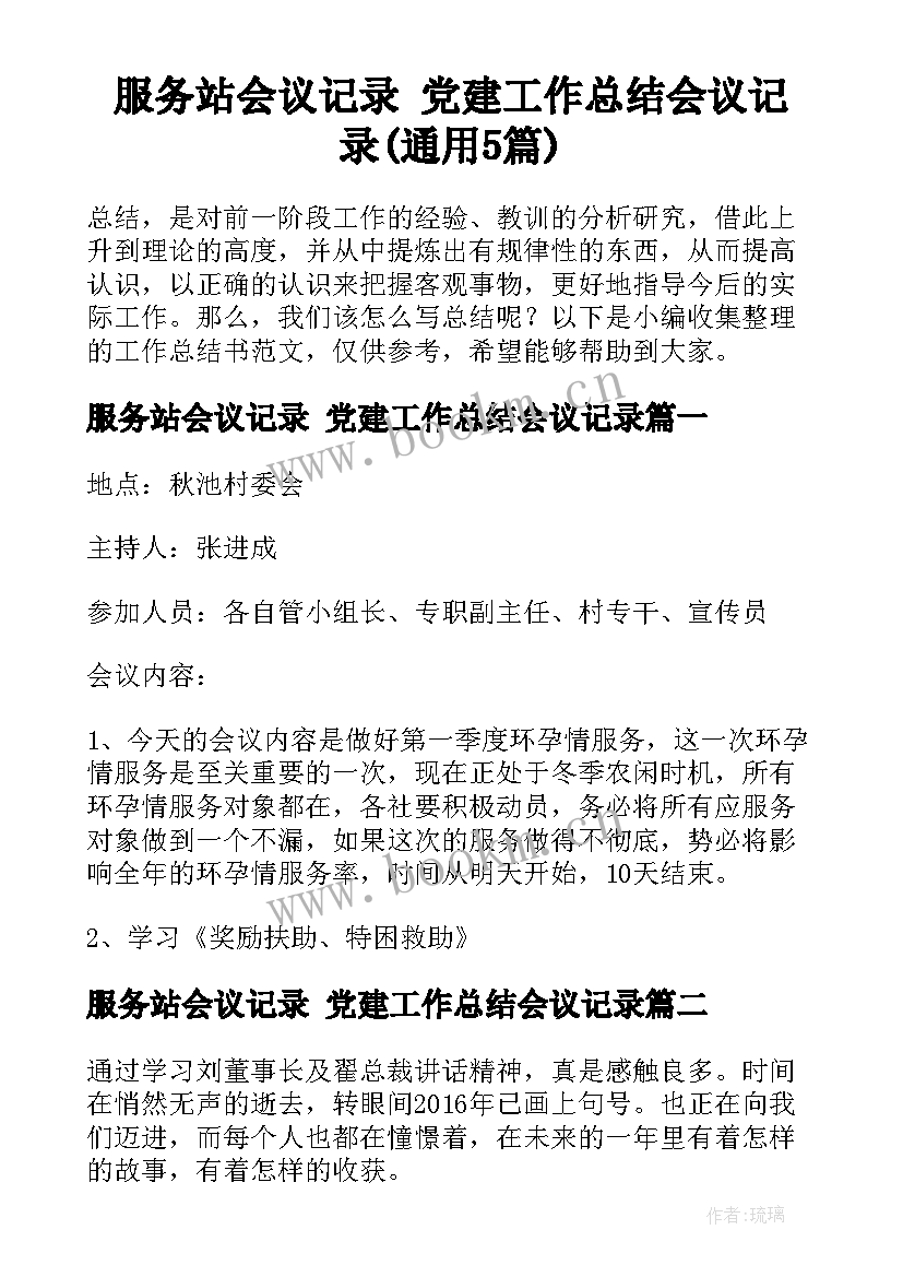 服务站会议记录 党建工作总结会议记录(通用5篇)