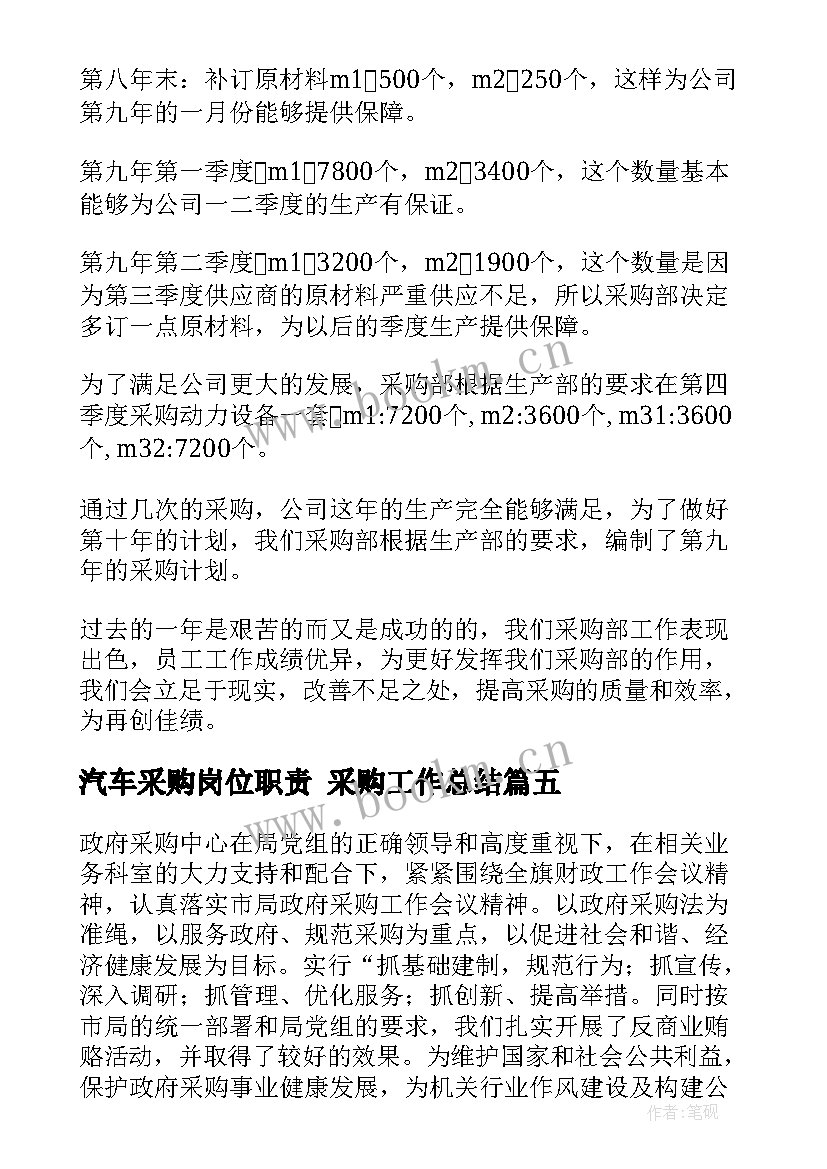 最新汽车采购岗位职责 采购工作总结(通用10篇)