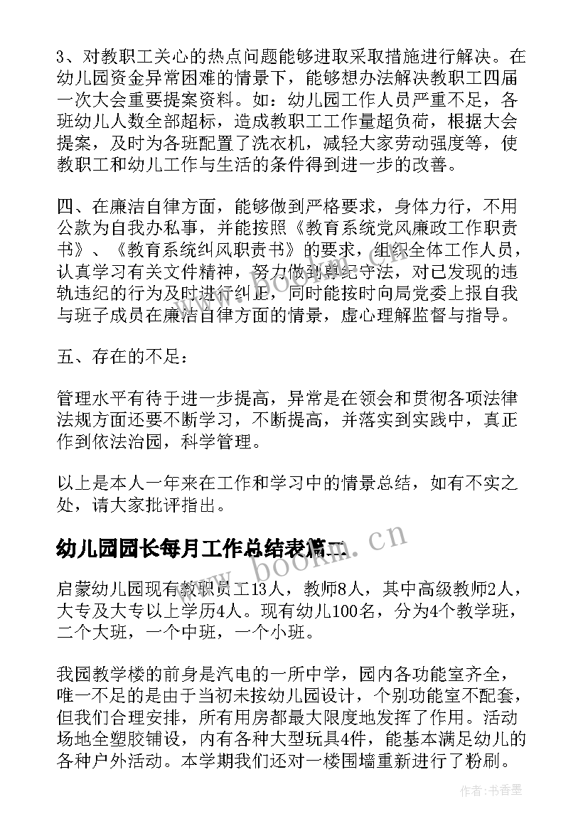 幼儿园园长每月工作总结表(通用10篇)