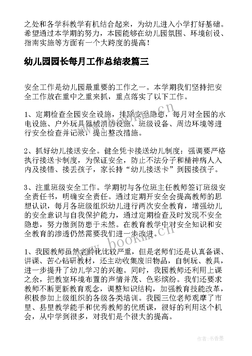 幼儿园园长每月工作总结表(通用10篇)