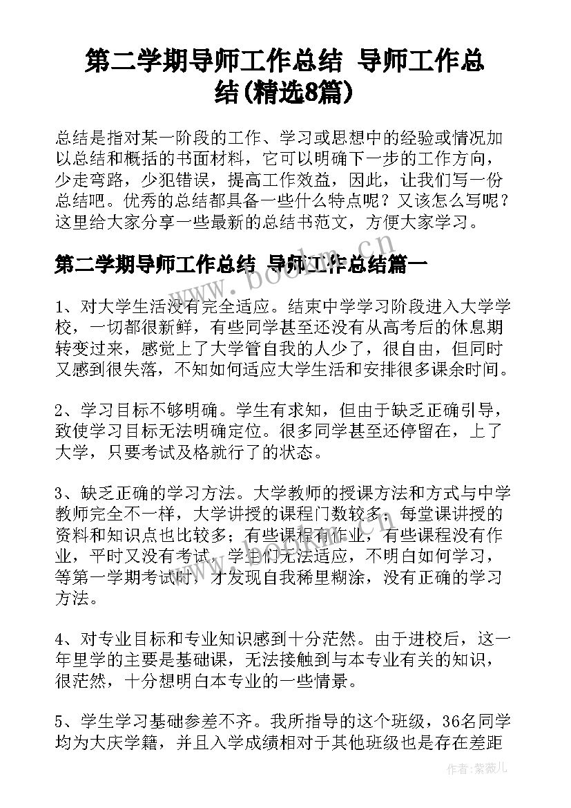 第二学期导师工作总结 导师工作总结(精选8篇)