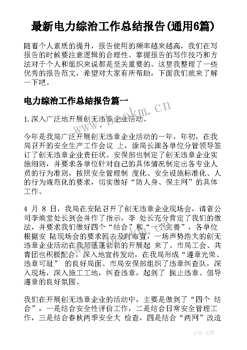 最新电力综治工作总结报告(通用6篇)