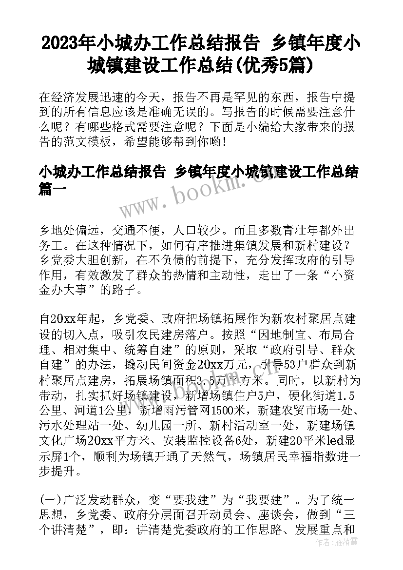 2023年小城办工作总结报告 乡镇年度小城镇建设工作总结(优秀5篇)