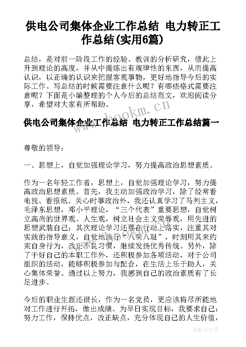 供电公司集体企业工作总结 电力转正工作总结(实用6篇)