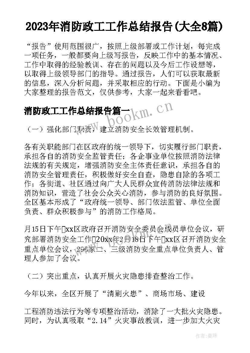 2023年消防政工工作总结报告(大全8篇)