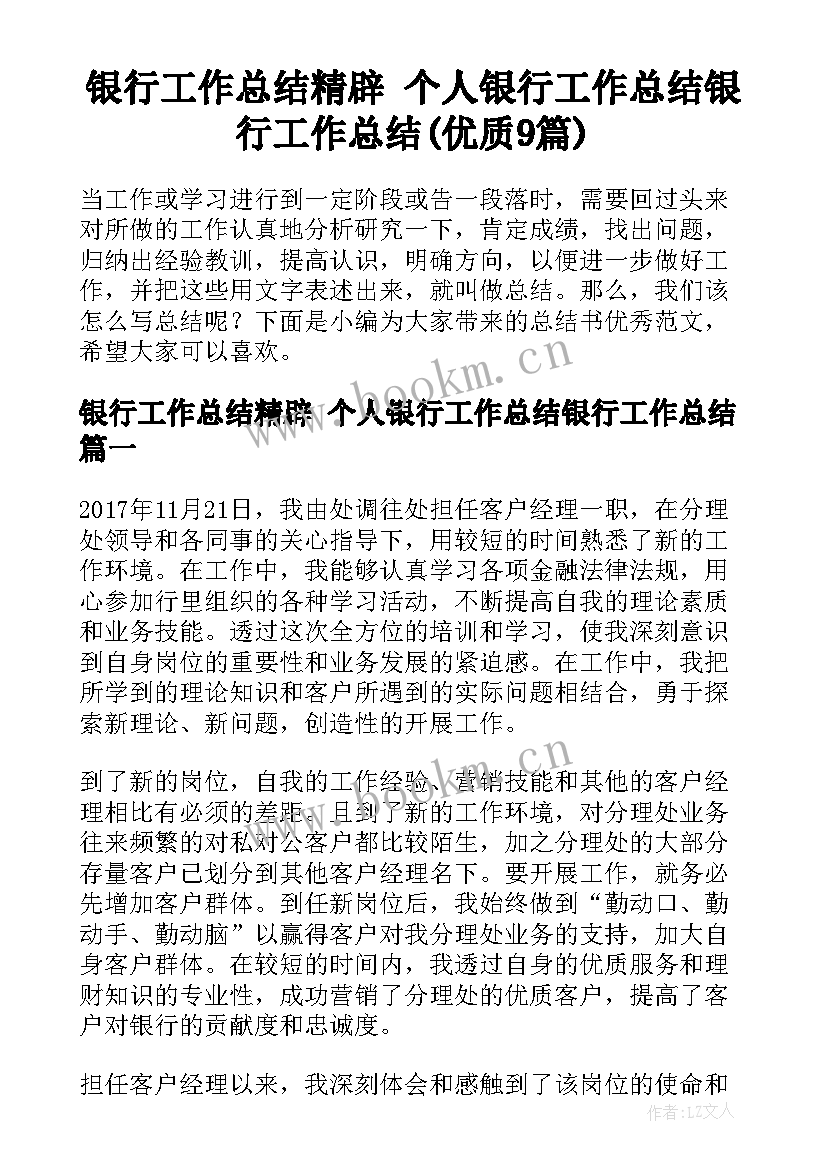 银行工作总结精辟 个人银行工作总结银行工作总结(优质9篇)