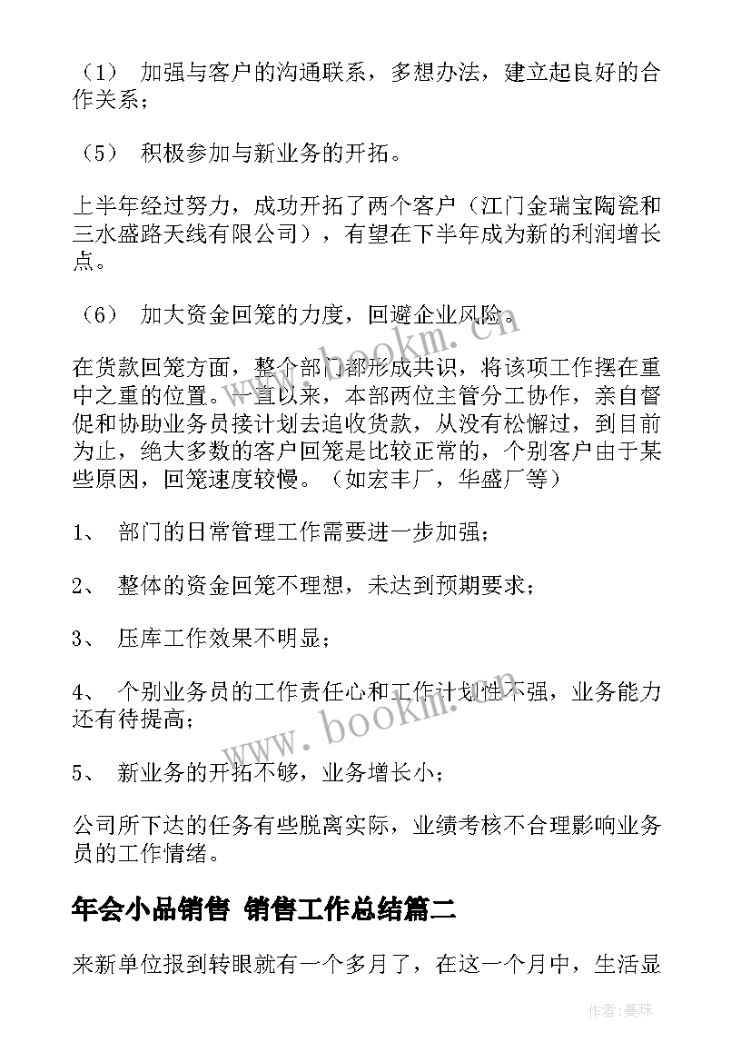 最新年会小品销售 销售工作总结(精选10篇)