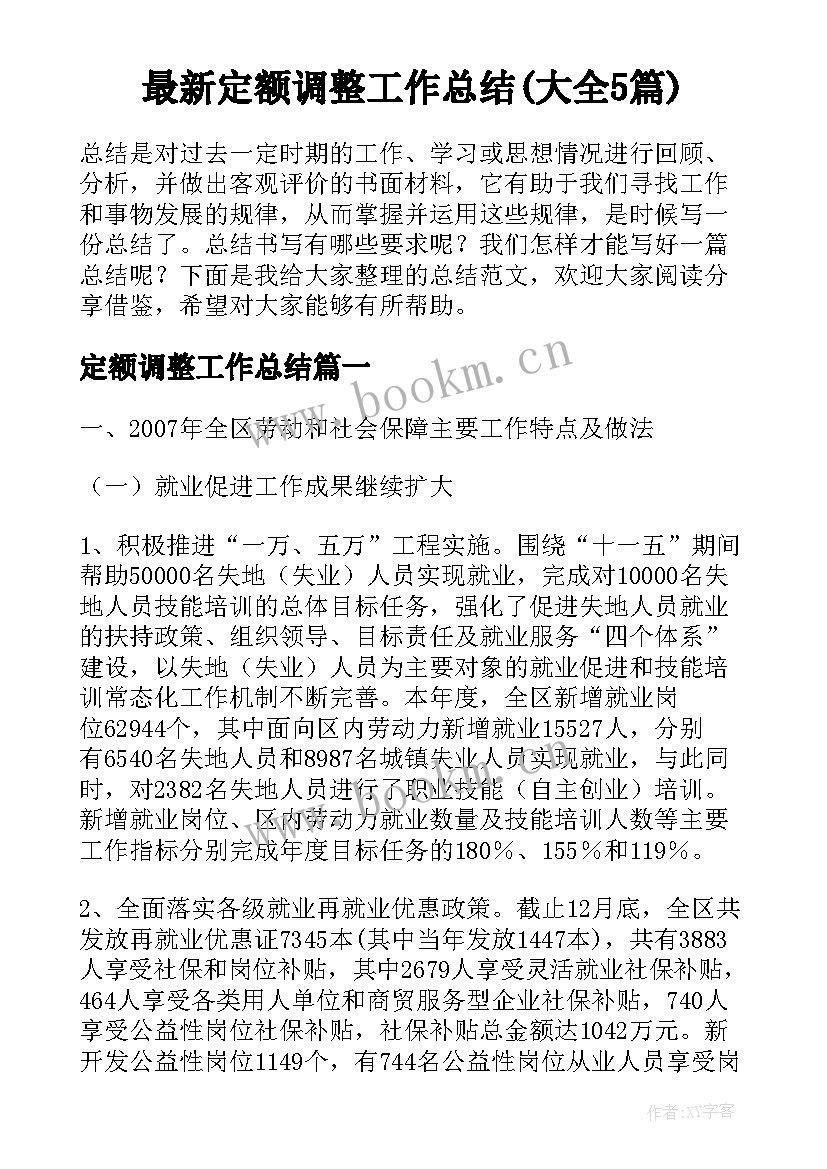 最新定额调整工作总结(大全5篇)