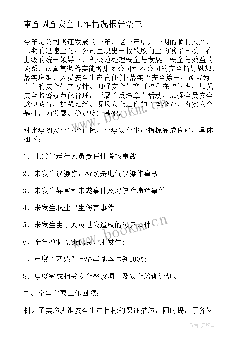 审查调查安全工作情况报告(优质7篇)