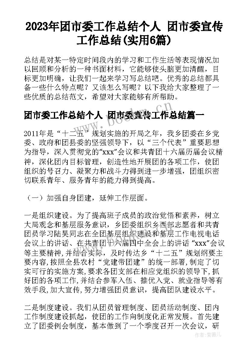 2023年团市委工作总结个人 团市委宣传工作总结(实用6篇)