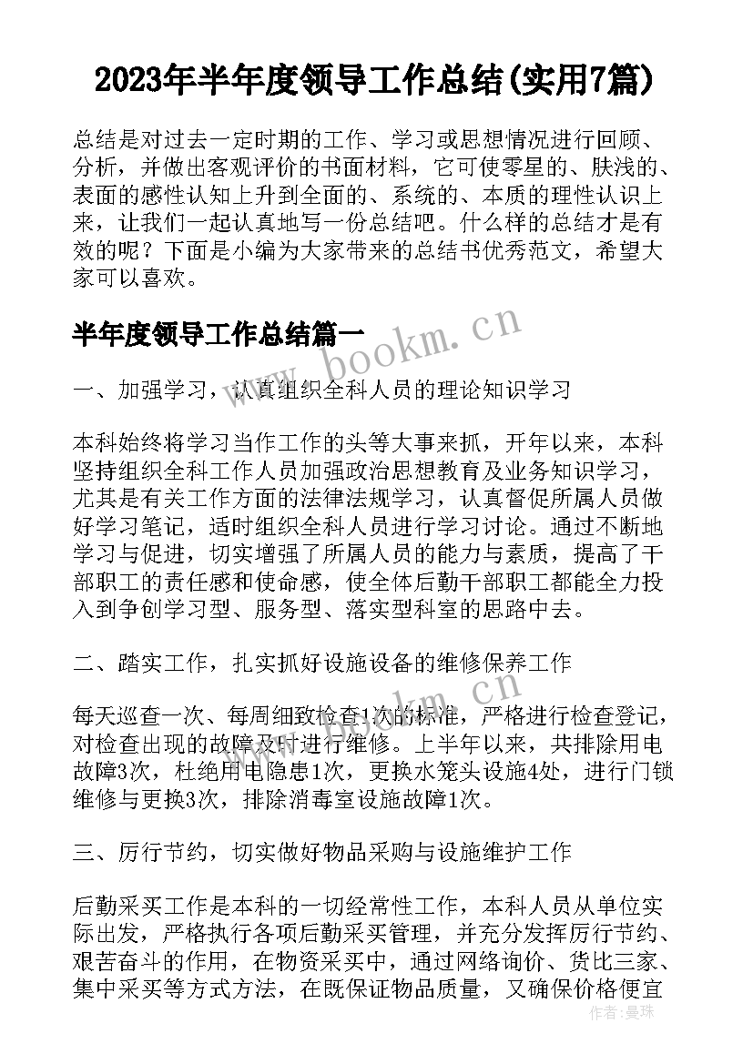 2023年半年度领导工作总结(实用7篇)