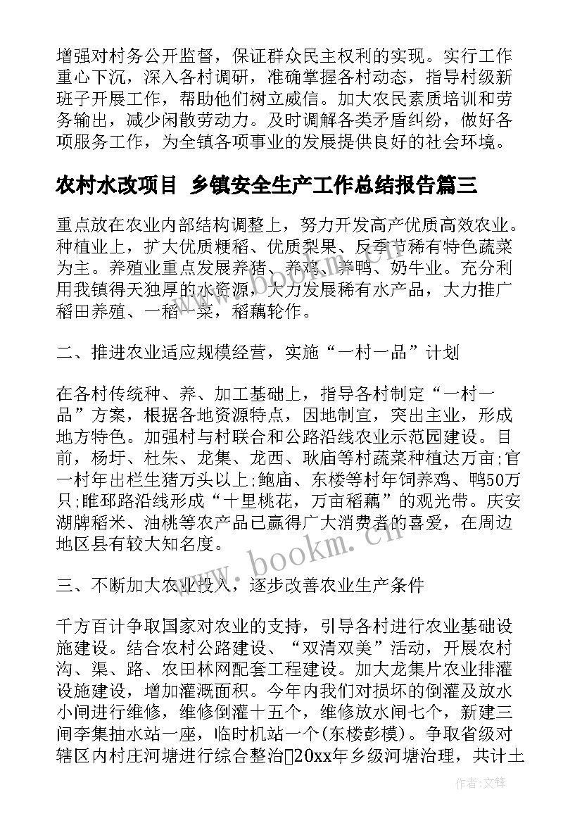 农村水改项目 乡镇安全生产工作总结报告(实用8篇)