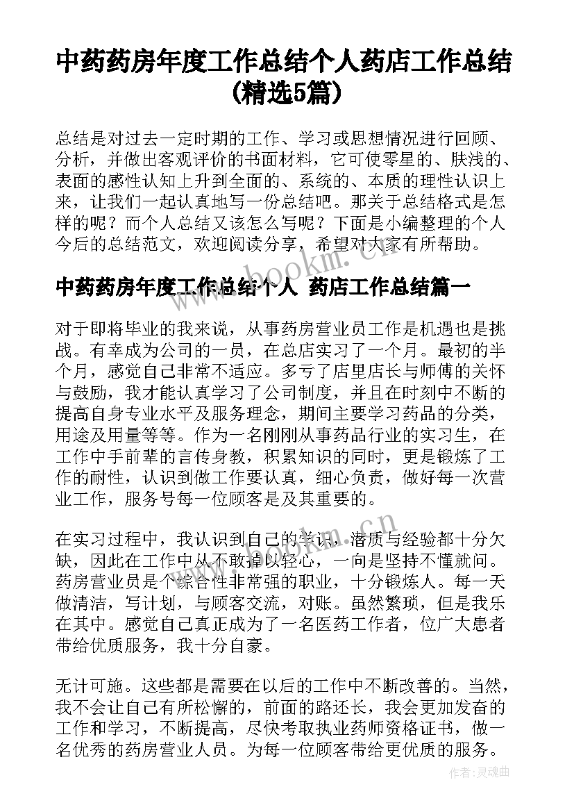 中药药房年度工作总结个人 药店工作总结(精选5篇)