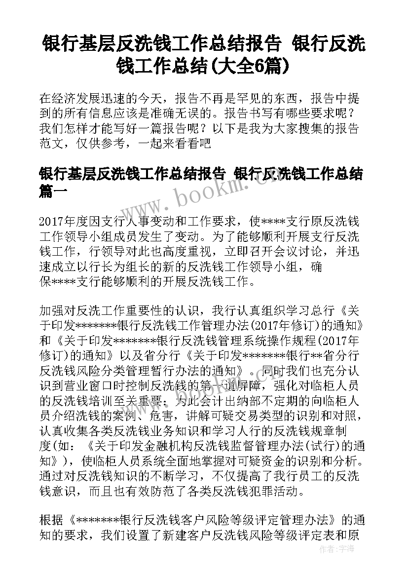 银行基层反洗钱工作总结报告 银行反洗钱工作总结(大全6篇)