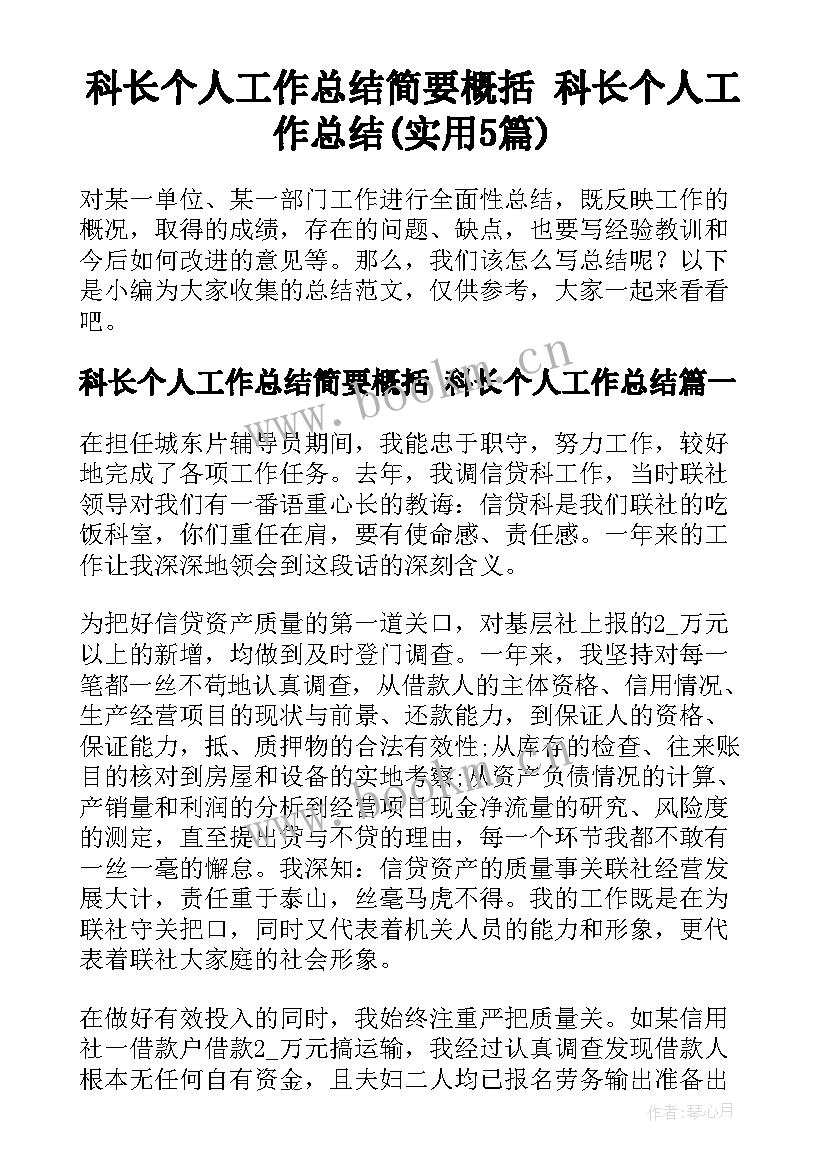 科长个人工作总结简要概括 科长个人工作总结(实用5篇)