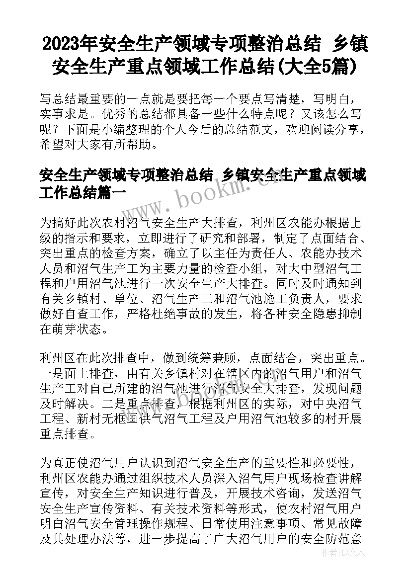 2023年安全生产领域专项整治总结 乡镇安全生产重点领域工作总结(大全5篇)