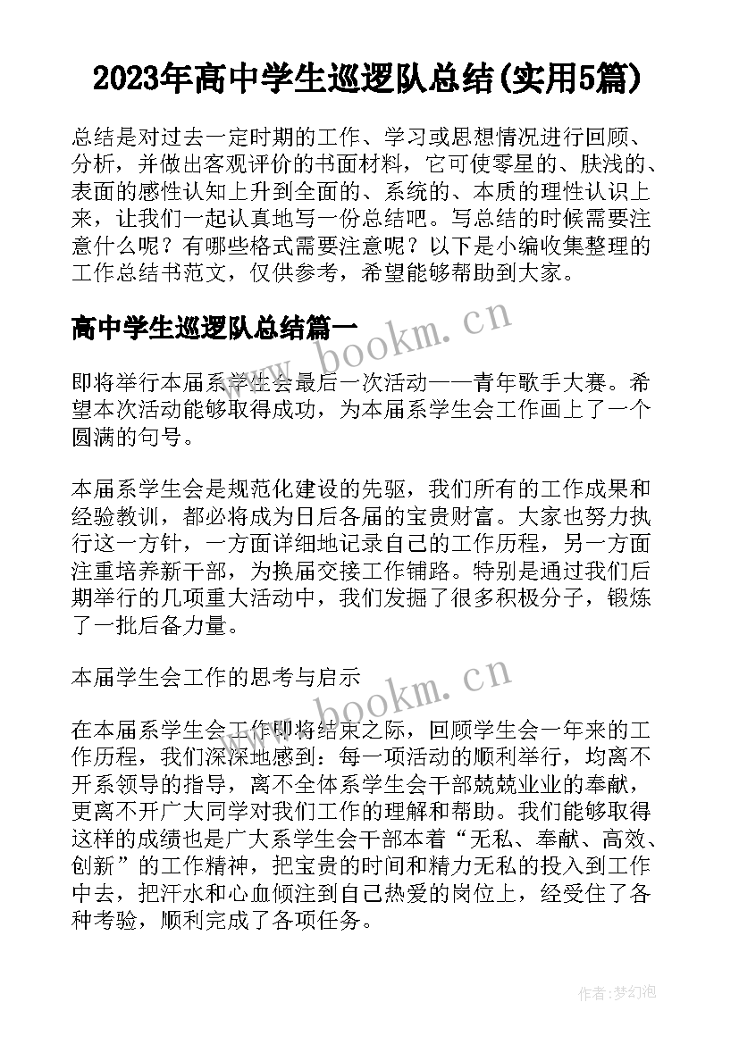 2023年高中学生巡逻队总结(实用5篇)