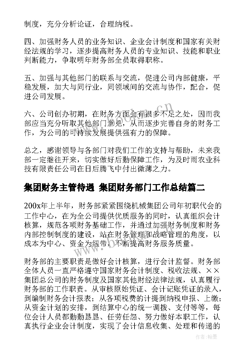 集团财务主管待遇 集团财务部门工作总结(大全5篇)