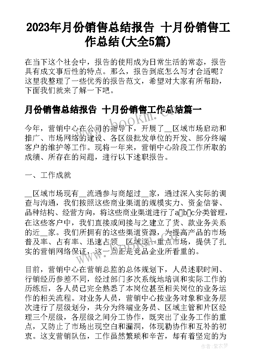 2023年月份销售总结报告 十月份销售工作总结(大全5篇)