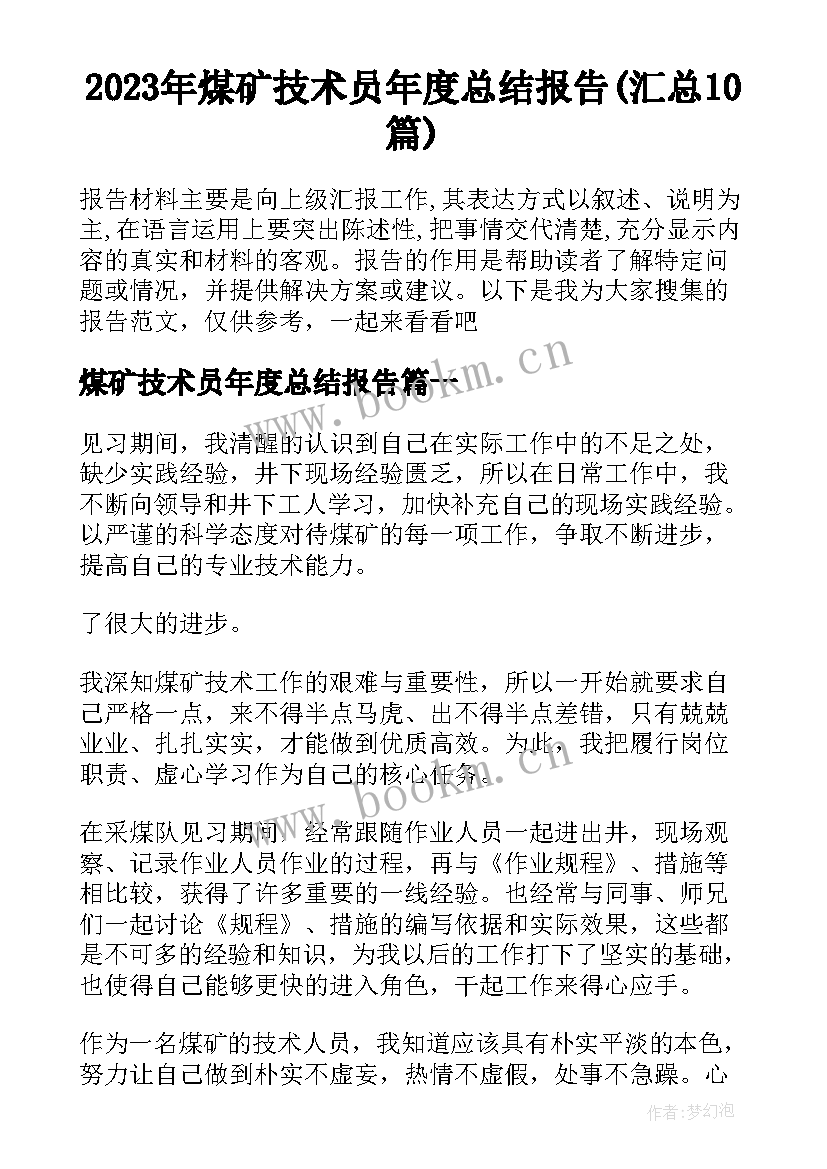 2023年煤矿技术员年度总结报告(汇总10篇)