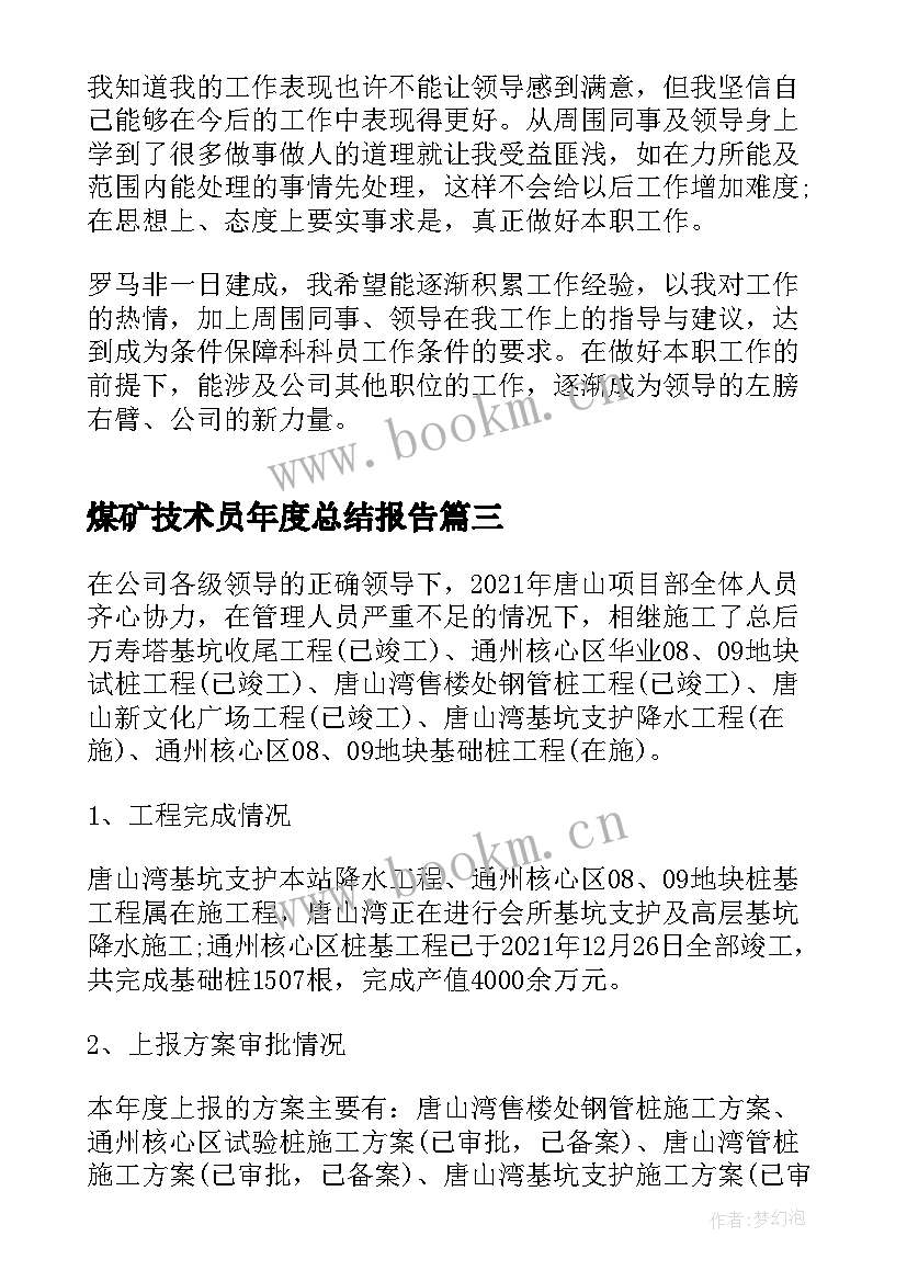 2023年煤矿技术员年度总结报告(汇总10篇)