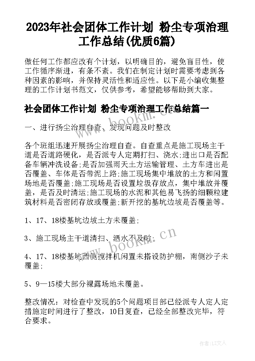 2023年社会团体工作计划 粉尘专项治理工作总结(优质6篇)