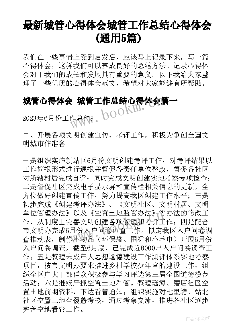 最新城管心得体会 城管工作总结心得体会(通用5篇)