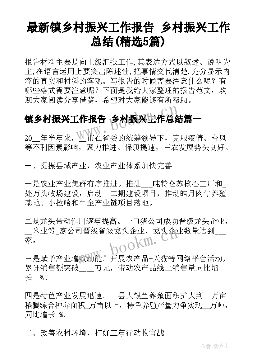 最新镇乡村振兴工作报告 乡村振兴工作总结(精选5篇)