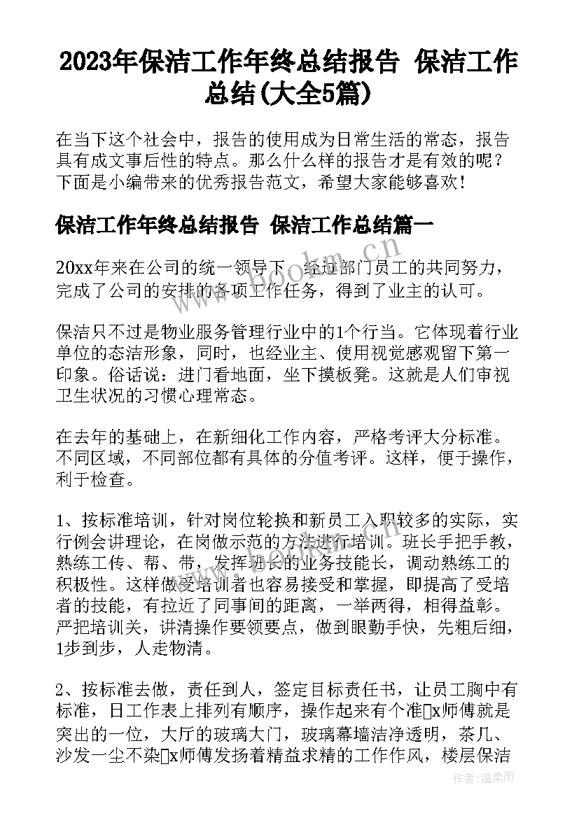 2023年保洁工作年终总结报告 保洁工作总结(大全5篇)