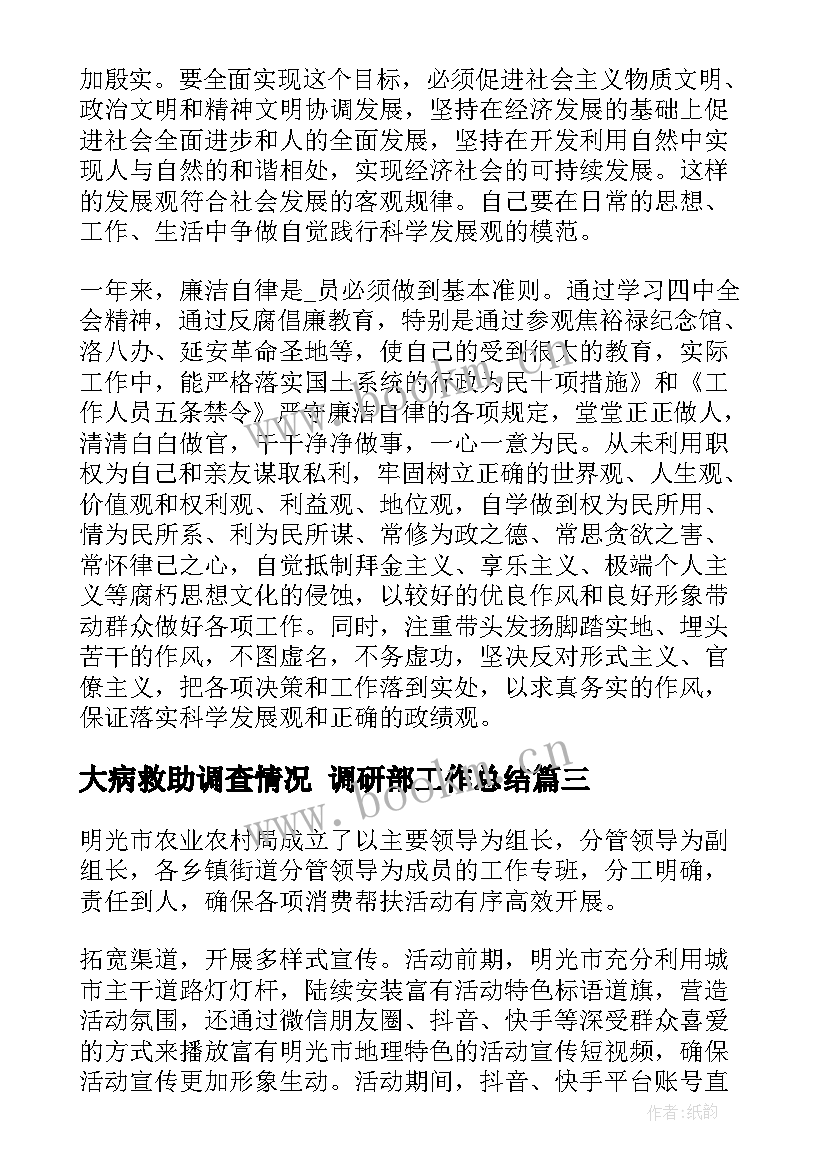 大病救助调查情况 调研部工作总结(大全5篇)