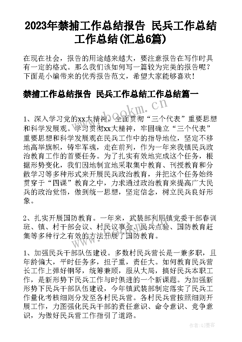 2023年禁捕工作总结报告 民兵工作总结工作总结(汇总6篇)