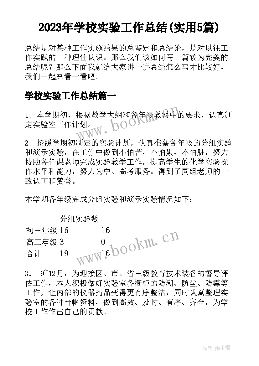 2023年学校实验工作总结(实用5篇)