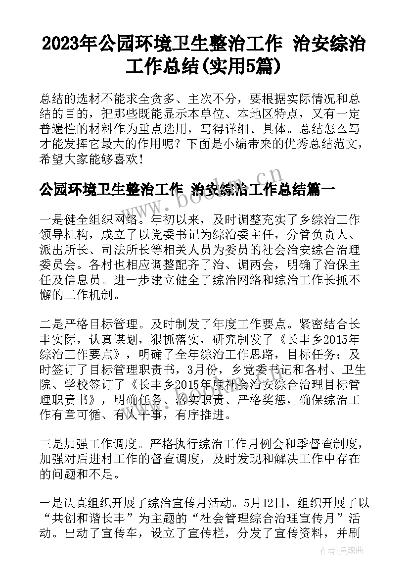 2023年公园环境卫生整治工作 治安综治工作总结(实用5篇)