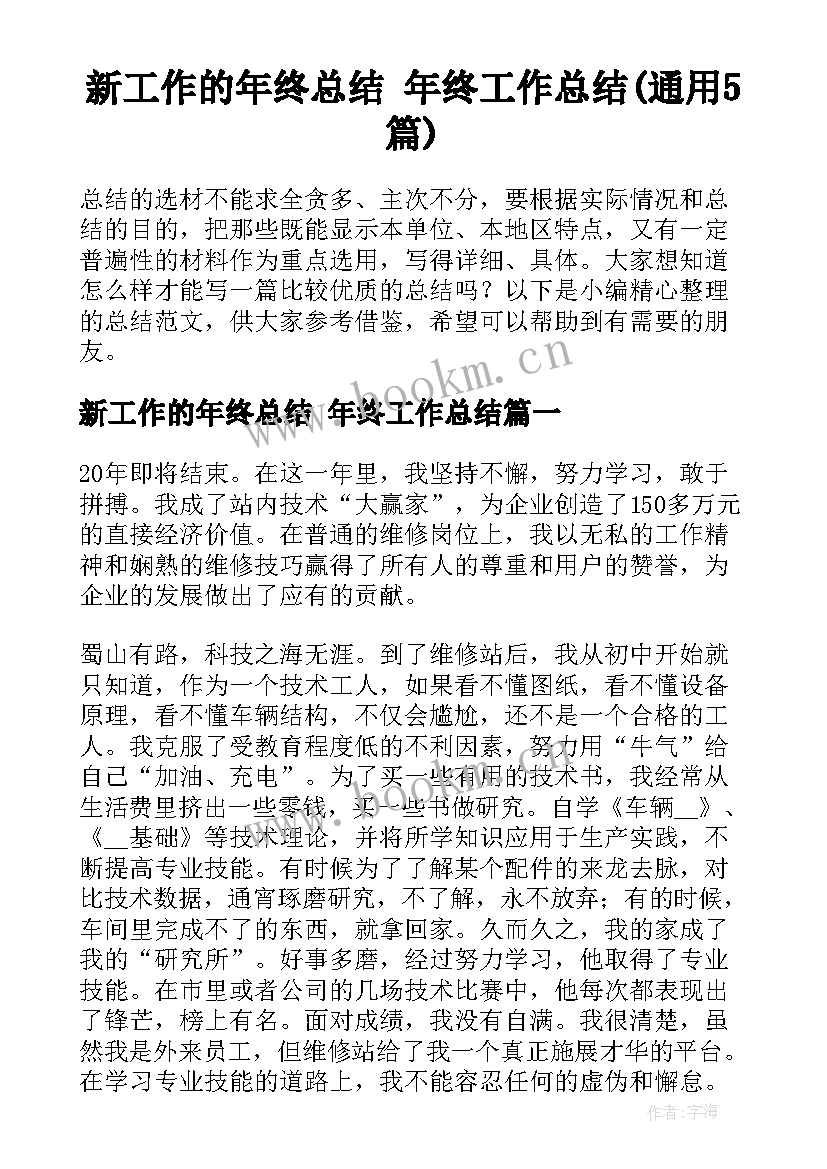 新工作的年终总结 年终工作总结(通用5篇)