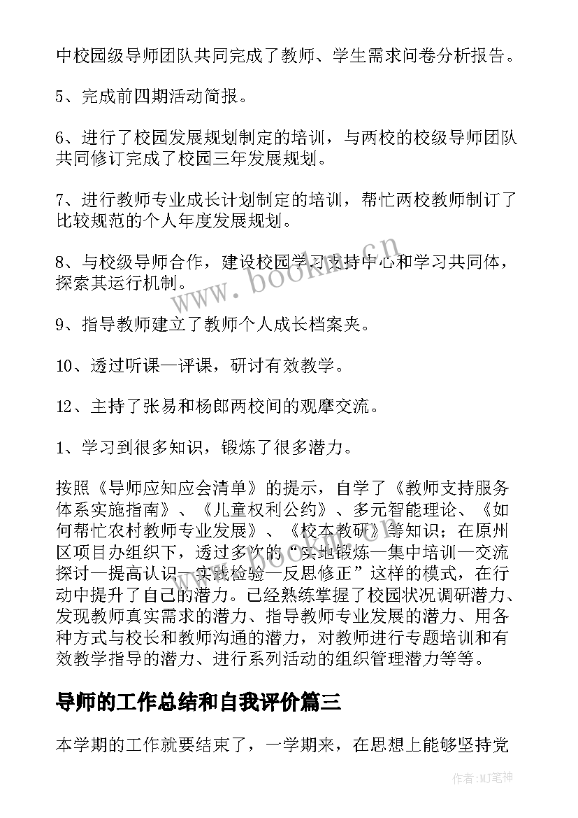 2023年导师的工作总结和自我评价(优秀7篇)