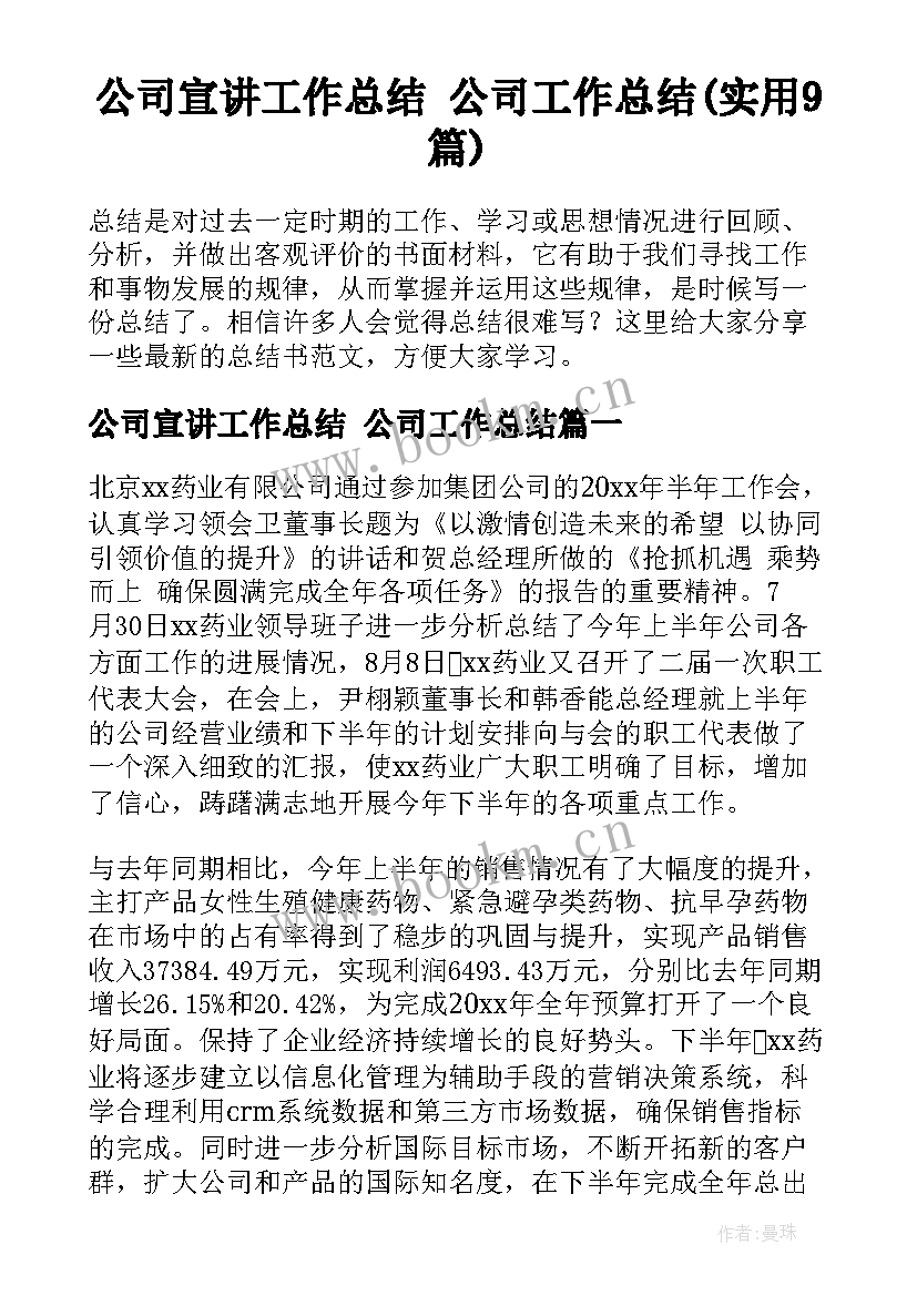 公司宣讲工作总结 公司工作总结(实用9篇)