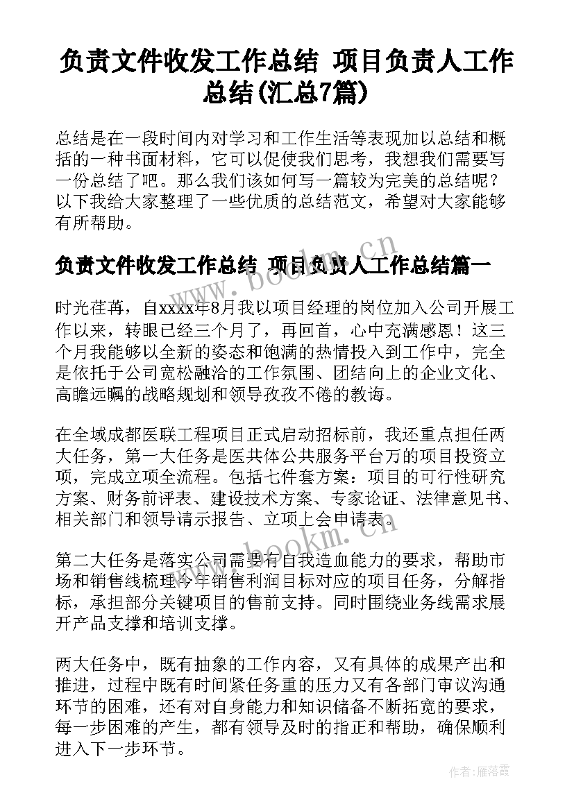 负责文件收发工作总结 项目负责人工作总结(汇总7篇)