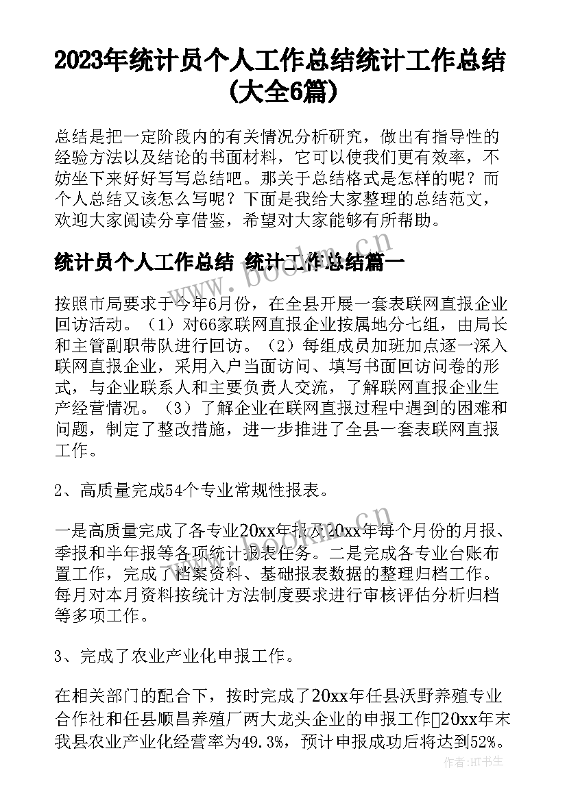 2023年统计员个人工作总结 统计工作总结(大全6篇)