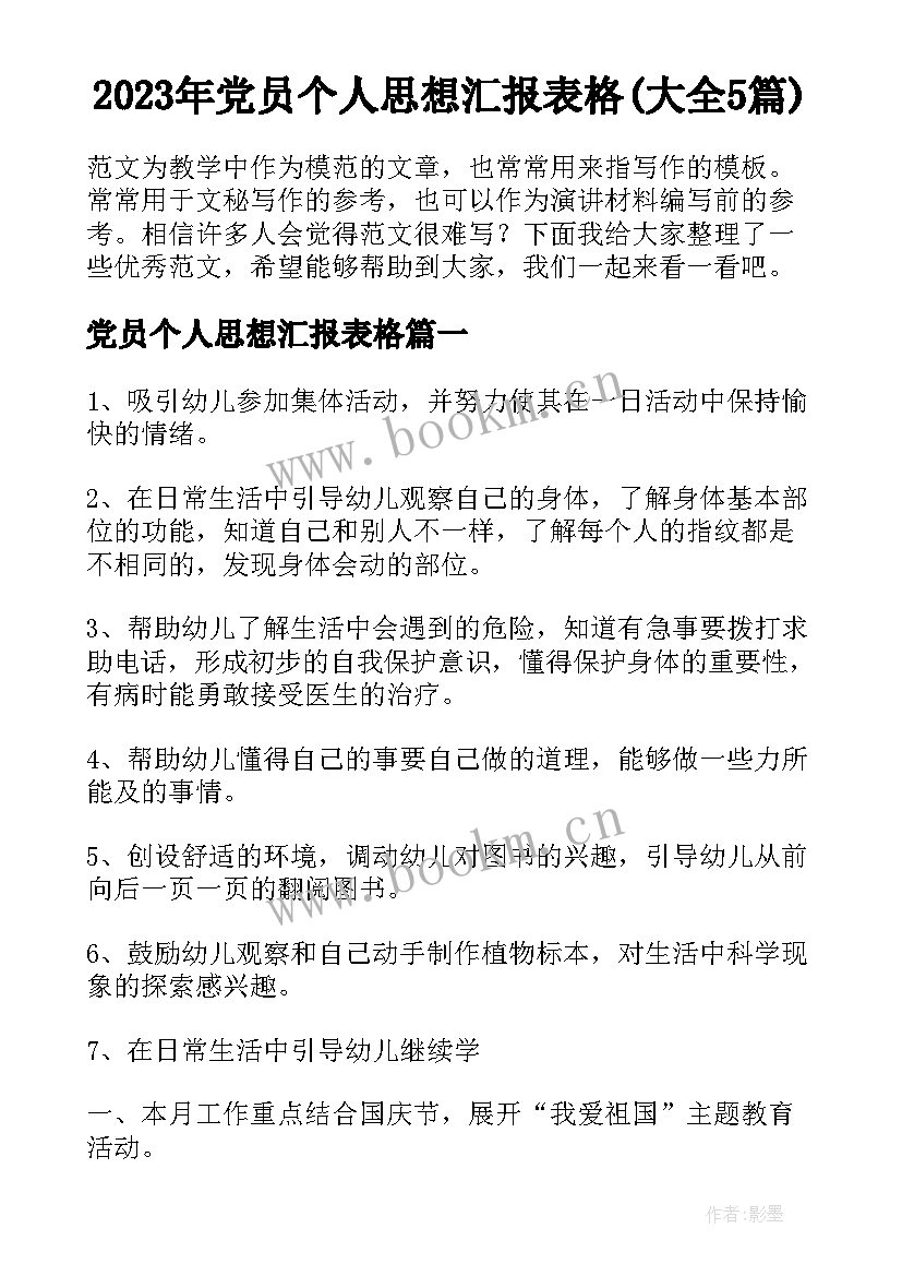 2023年党员个人思想汇报表格(大全5篇)