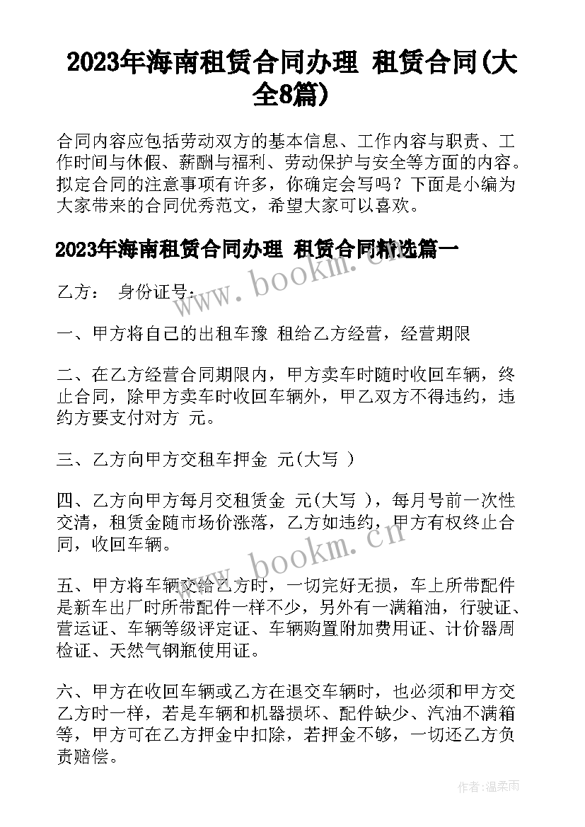 2023年海南租赁合同办理 租赁合同(大全8篇)