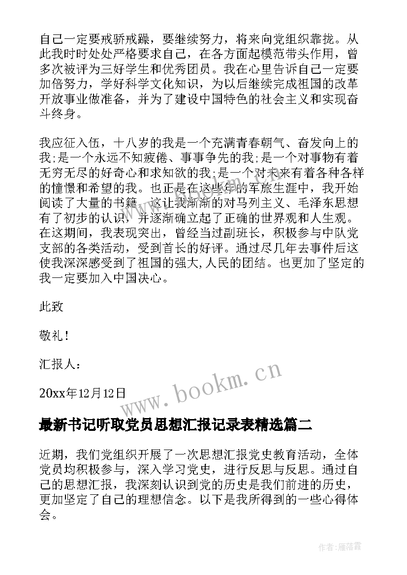 书记听取党员思想汇报记录表(大全5篇)